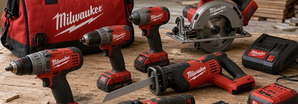 Milwaukee cordless power tools and tool bag laid out on a workbench by an experienced H3 Industries handyman in Palm Beach Gardens