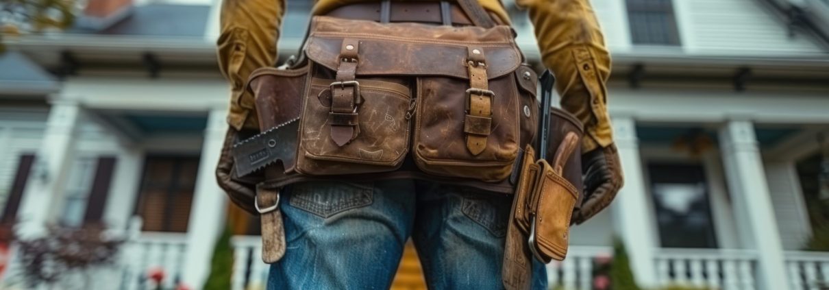 Handyman with a leather tool belt and tools walking toward a home in Palm Beach Gardens